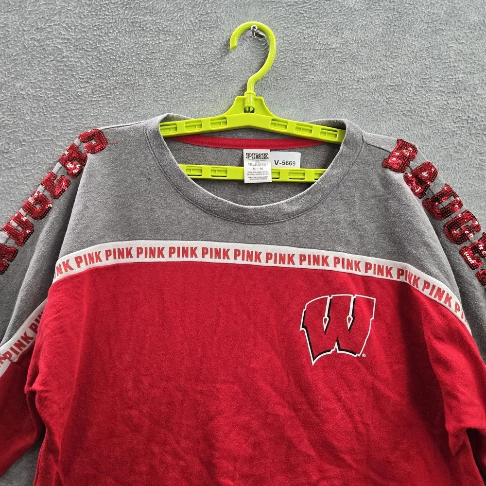 Wisconsin Badgers Women Shirt M Red Colorblock Crop‎ Top PINK Sequin